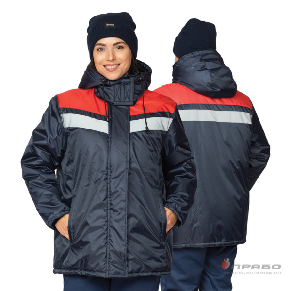 Куртка женская утеплённая «Сарма» тёмно-синяя/красная с капюшоном. Артикул: 9616. #REGION_MIN_PRICE# в г. Екатеринбург