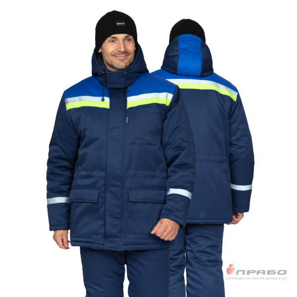 Костюм мужской утеплённый «Стройка» тёмно-синий/василёк/лимонный (куртка и полукомбинезон). Артикул: 9561. #REGION_MIN_PRICE# в г. Екатеринбург